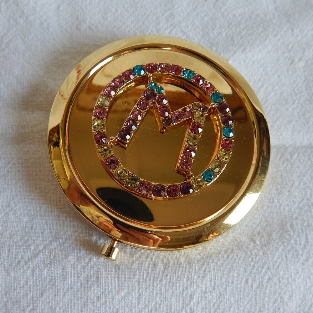 Rhinestone "M" Mirrored Travel Compact